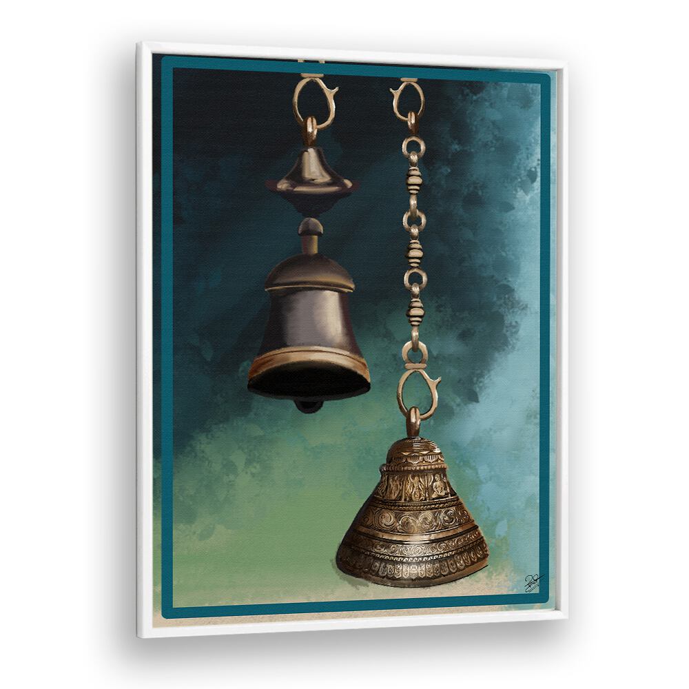 Brass bells and chains in stunning detail highlight THE HARMONY, INDIAN ART PAINTINGS for authentic decor.