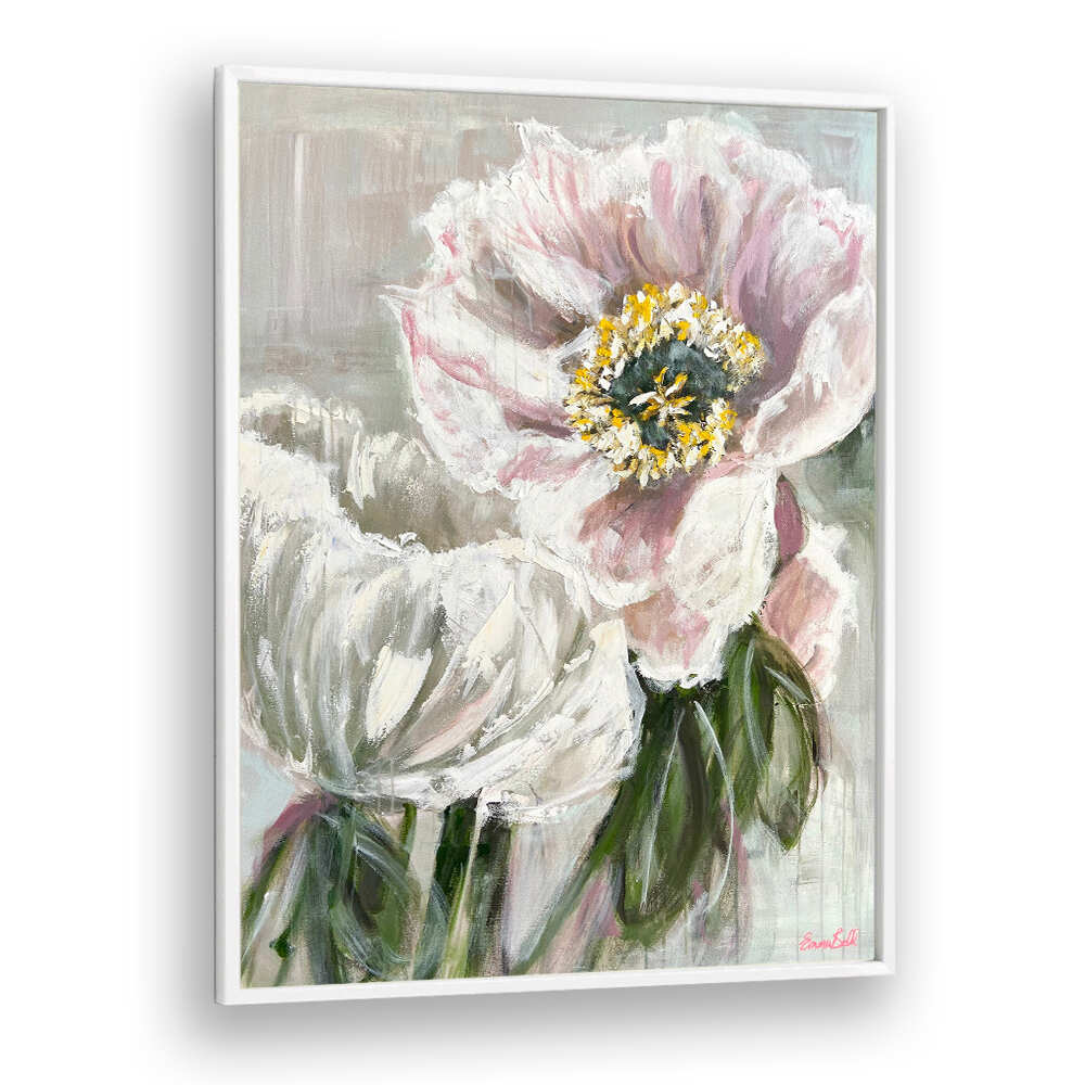 Delicate white and pink flowers in a stunning floral painting, perfect for contemporary art lovers.