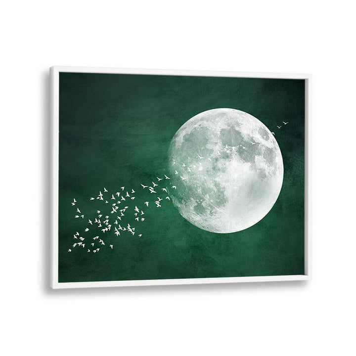 Emerald Moon, landscape paintings capturing a serene moonlit scene with birds, adding tranquility to your space.