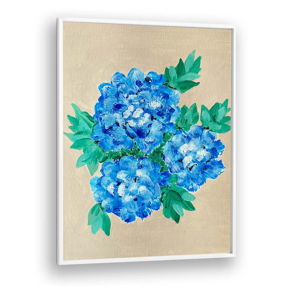 Vibrant blue hydrangeas in stunning floral flower paintings, perfect for enhancing your home décor. Ideal hydrangea art.