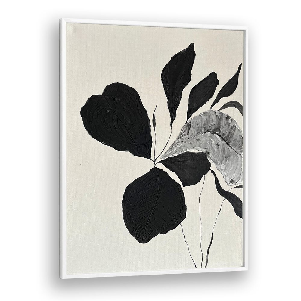 Elegant black and white leaves in THE MUTUAL FEELING - II, FLORAL FLOWER PAINTINGS, perfect for modern decor.