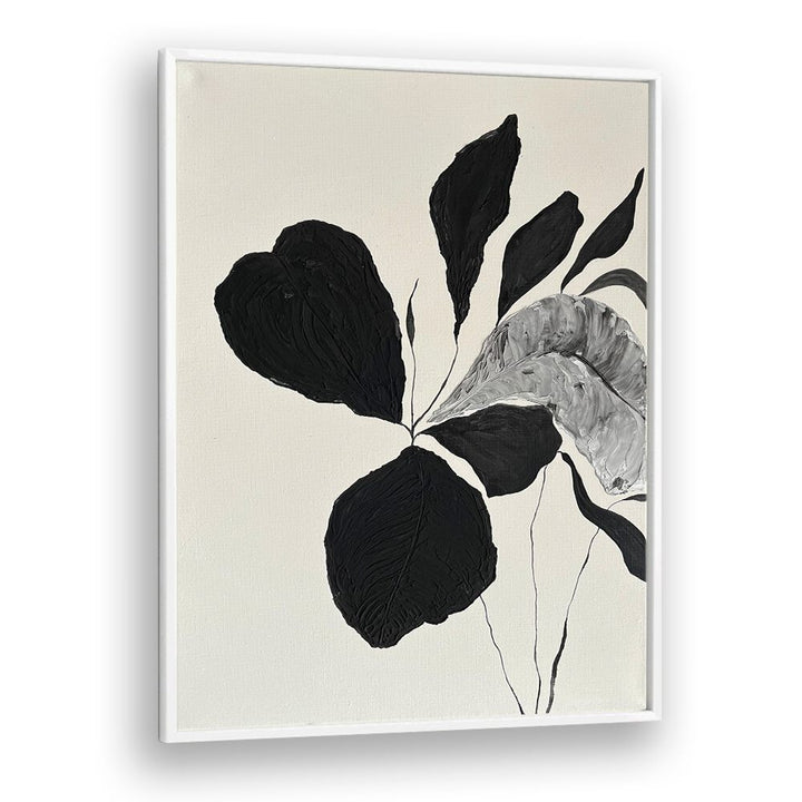 Elegant black and white leaves in THE MUTUAL FEELING - II, FLORAL FLOWER PAINTINGS, perfect for modern decor.