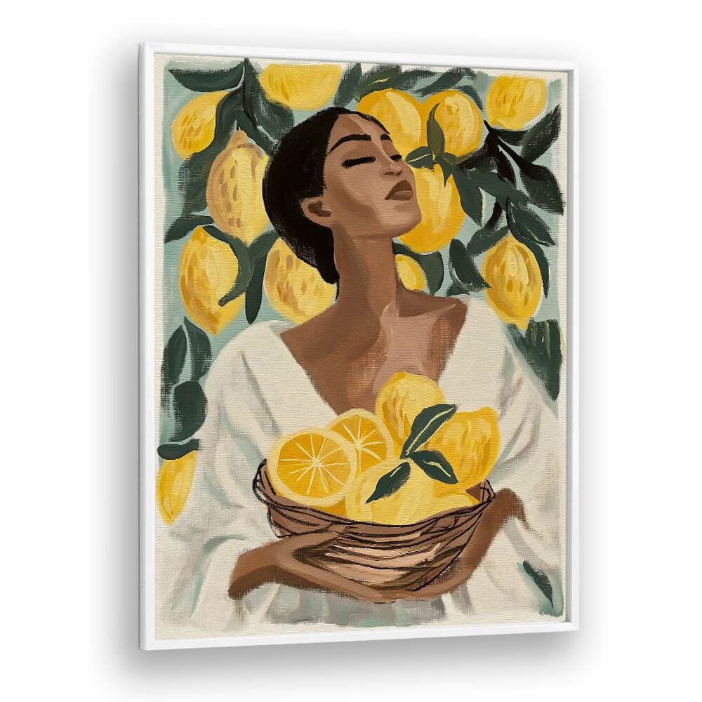 Brighten your space with LEMON TREE, PORTRAITS art print showcasing a woman holding vibrant lemons in a charming design.
