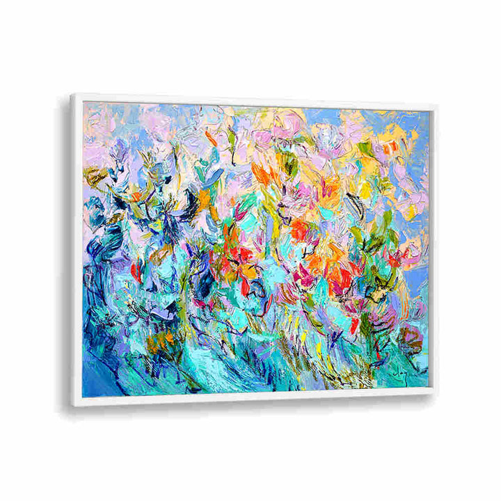 Framed abstract floral canvas with vivid blues, pinks and golds — RADIANT FLORAL HARMONY , FLORAL FLOWER PAINTINGS