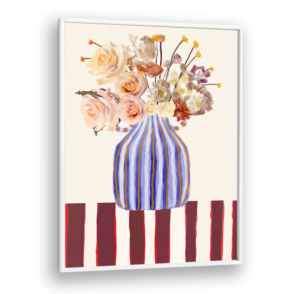 Vibrant STILL LIFE WITH FLOWERS I, FLORAL FLOWER PAINTINGS, features a beautiful arrangement in a striped vase.