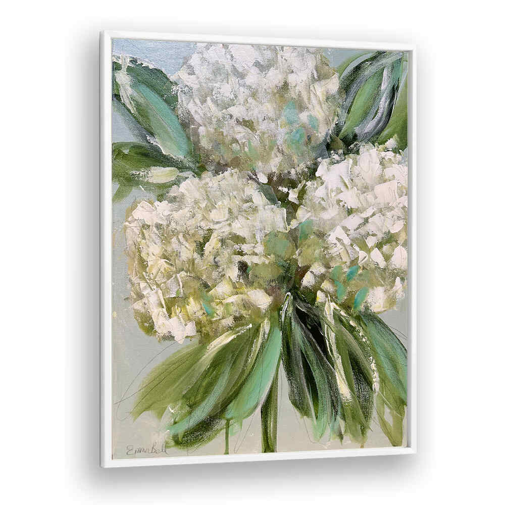 Elegant WHITE HYDRANGEAS GREEN LEAVES, FLORAL FLOWER PAINTINGS enhance any space with modern botanical artistry.