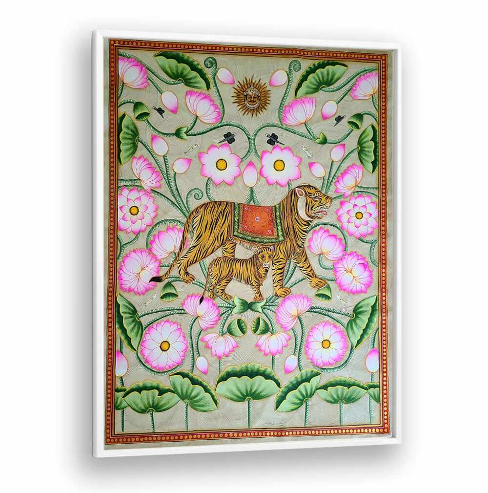 Experience the beauty of motherhood with TIGRESS WITH CUB, INDIAN ART PAINTINGS showcasing a nurturing tigress.