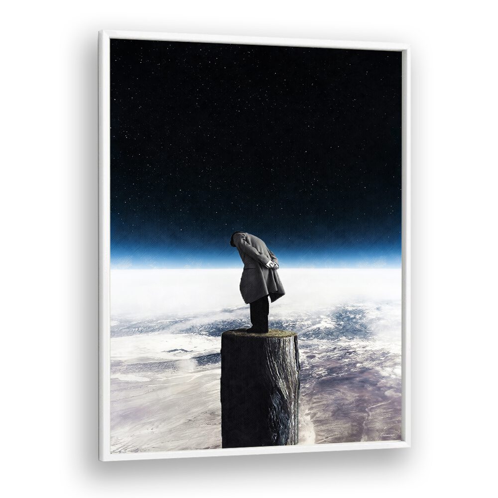 Surreal art print "I ALONE" by UNDERDOTT showcases a figure on a pedestal, inviting deep reflection.