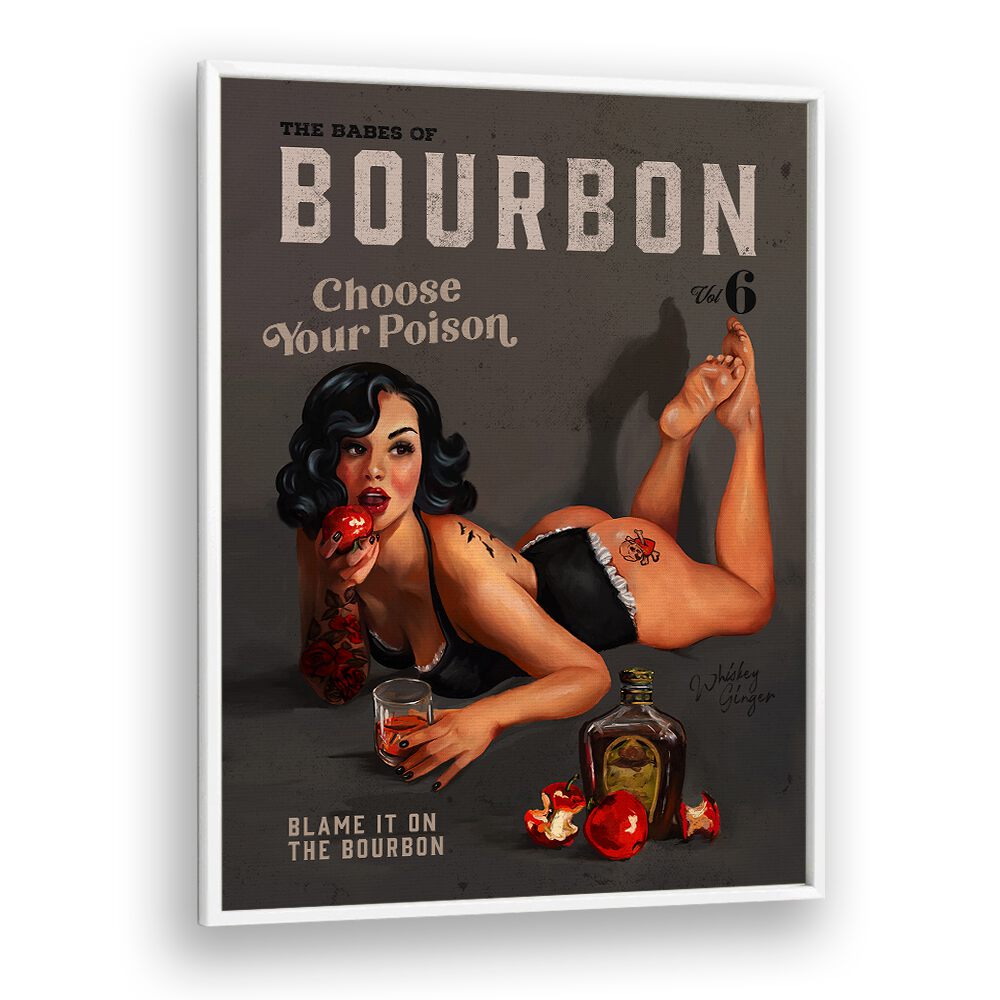 Transform your space with BABES OF BOURBON, BAR art featuring a sultry pinup and classic bourbon elements.