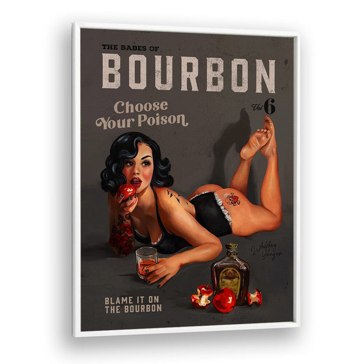 Transform your space with BABES OF BOURBON, BAR art featuring a sultry pinup and classic bourbon elements.