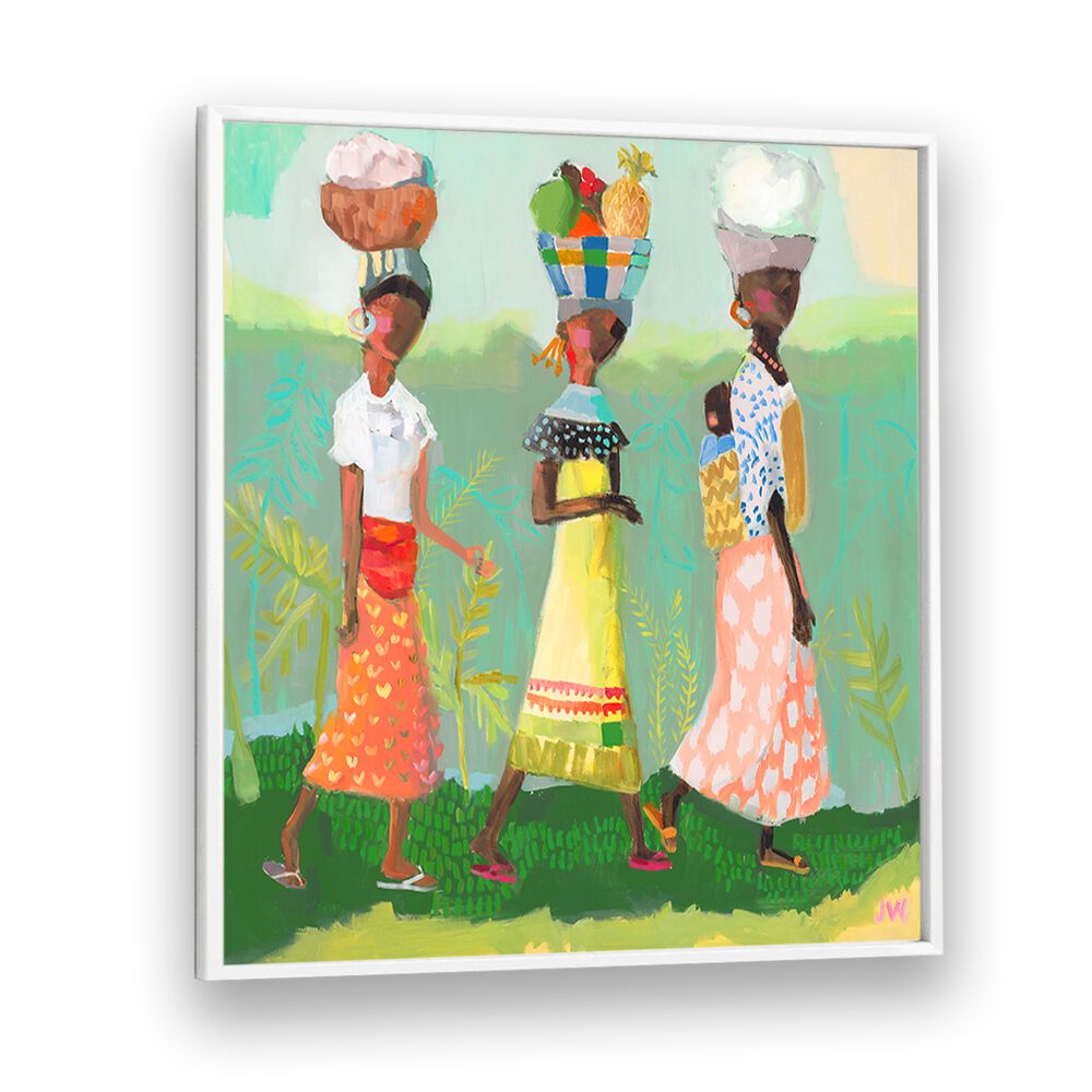 Colorful abstract art featuring women carrying goods, showcasing BACK FROM THE MARKET, PORTRAITS collection.