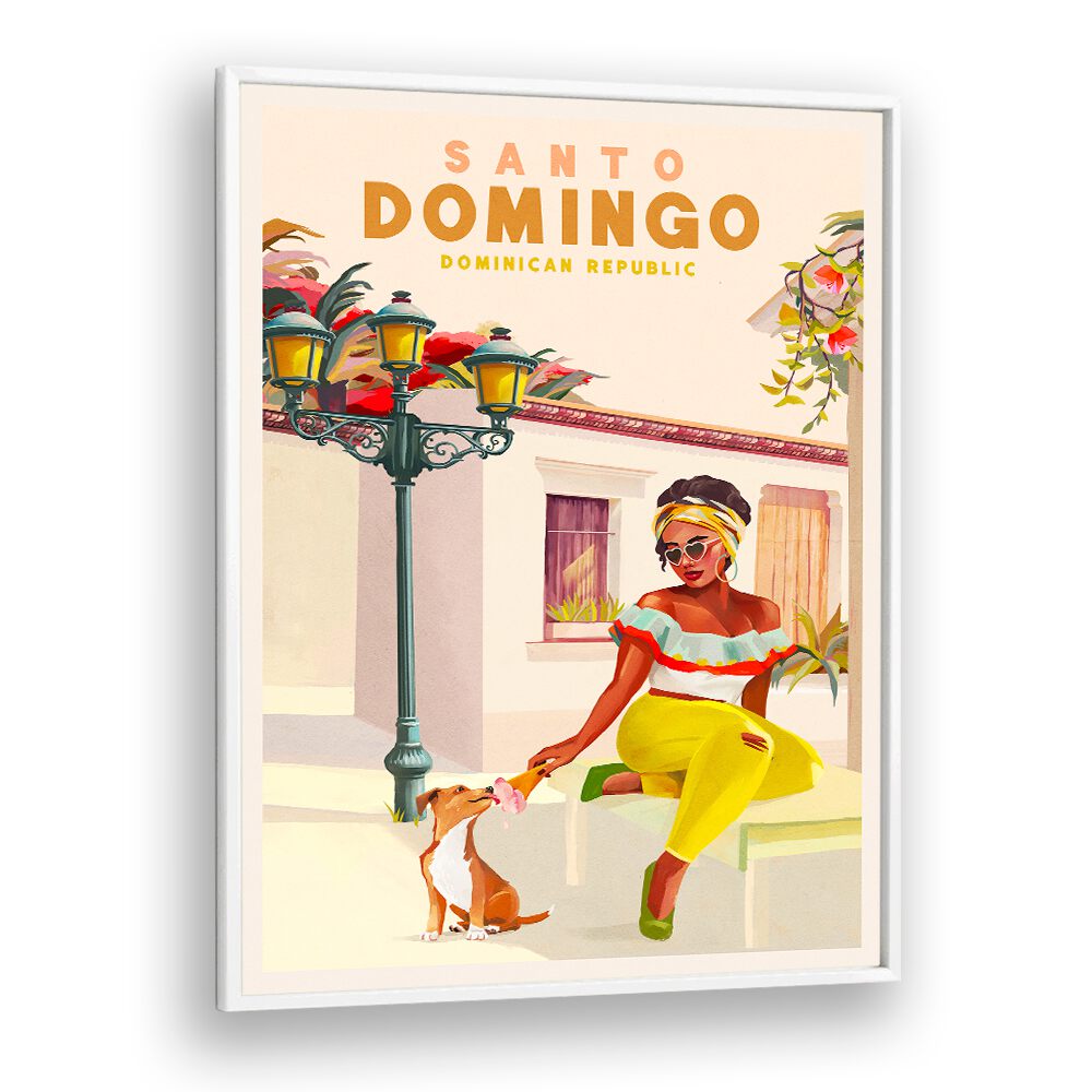 Colorful SANTO DOMINGO, TRAVEL POSTERS featuring a woman and dog, celebrating Dominican Republic's vibrant culture.