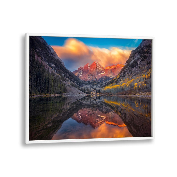 Breathtaking view of Maroon Lake at sunrise, perfect for serene decor: A PERFECT MORNING IN MAROON LAKE, PHOTOGRAPHY PRINTS.