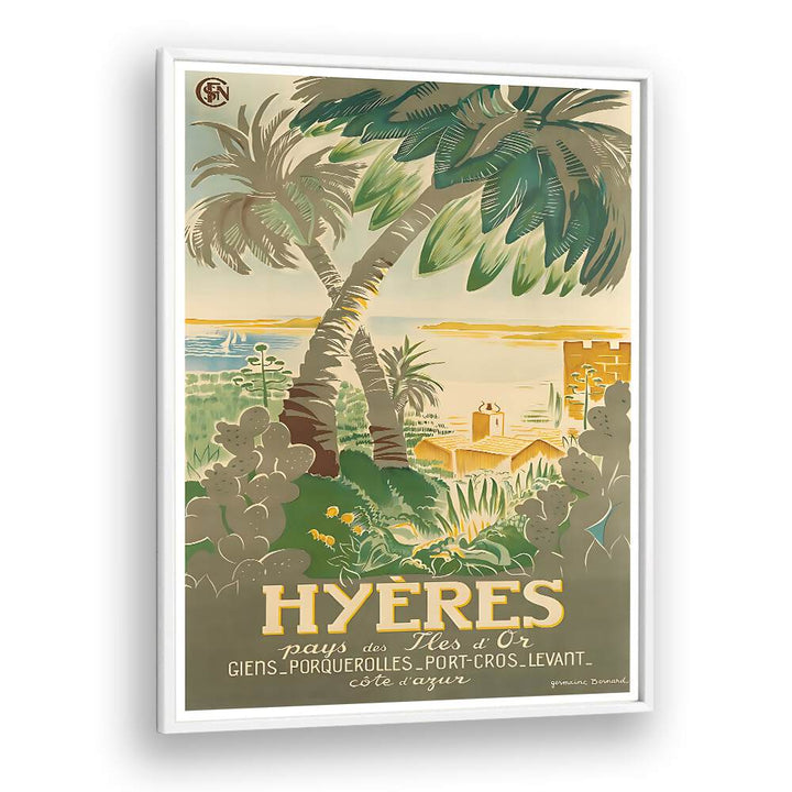 Colorful HYERES, VINTAGE TRAVEL POSTERS showcasing the scenic beauty of Hyères, perfect for adding charm to any space.