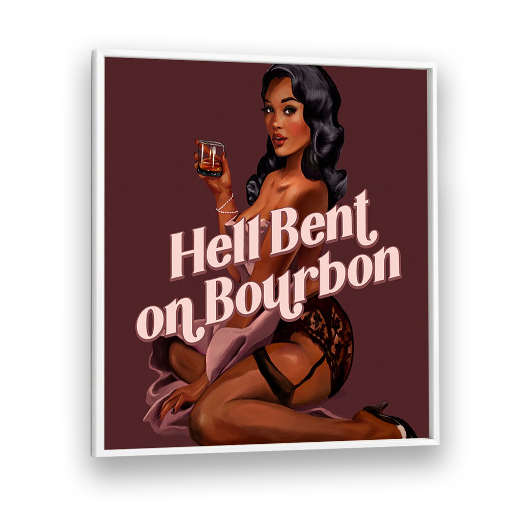Captivating HELL BENT, PORTRAITS artwork featuring a confident woman enjoying bourbon, blending femininity and strength.