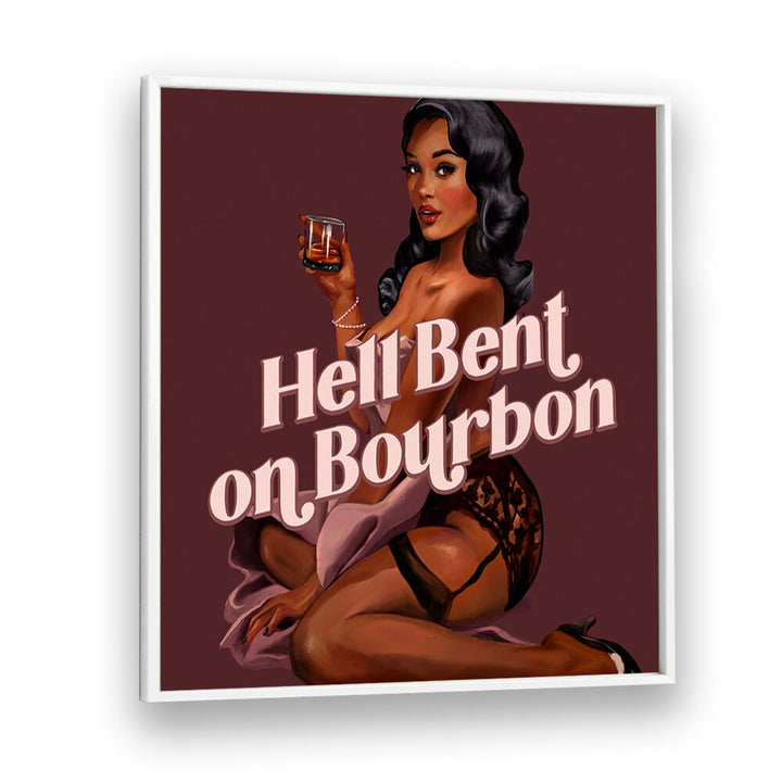 Captivating HELL BENT, PORTRAITS artwork featuring a confident woman enjoying bourbon, blending femininity and strength.