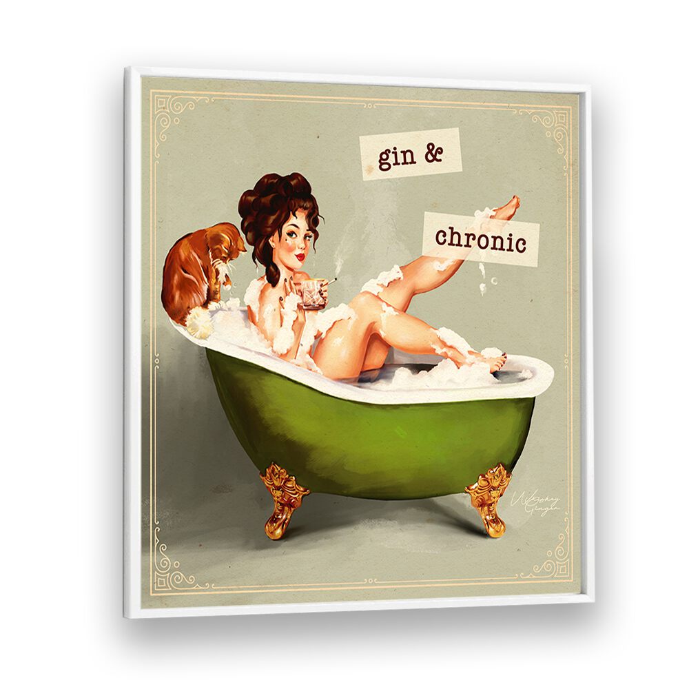 Captivating GIN AND CHRONIC PORTRAITS featuring a woman enjoying a bath, blending elegance and boldness in art.