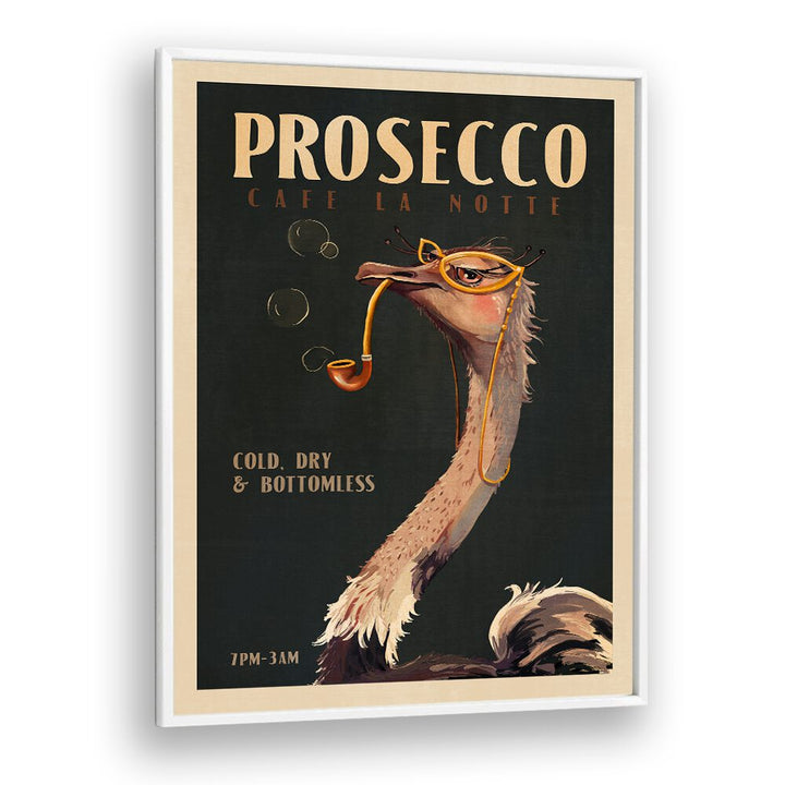 Stylish Art Deco PROSECCO, BAR wall art featuring a sophisticated ostrich, perfect for cafes and home decor.