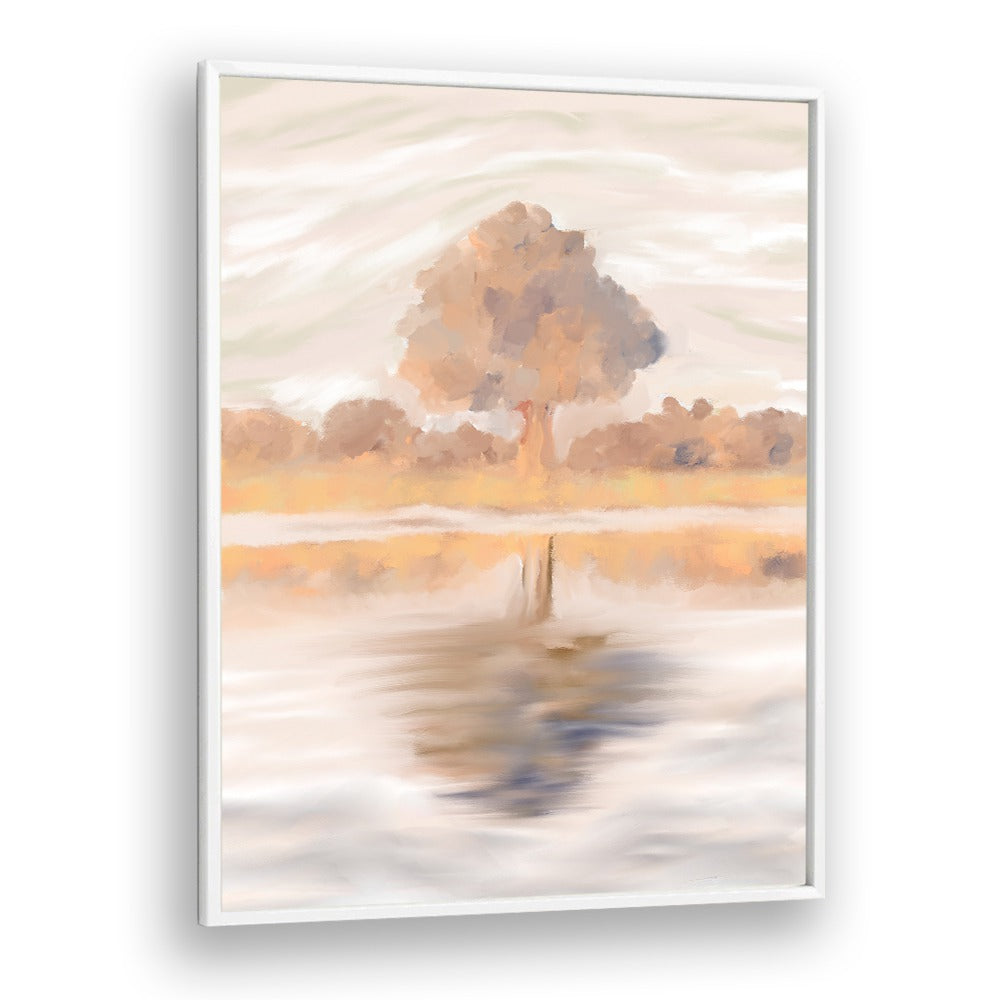 Serene landscape painting titled "SOVEREIGN REFLECTIONS, LANDSCAPE PAINTINGS," showcasing the Jackalberry Tree's beauty.
