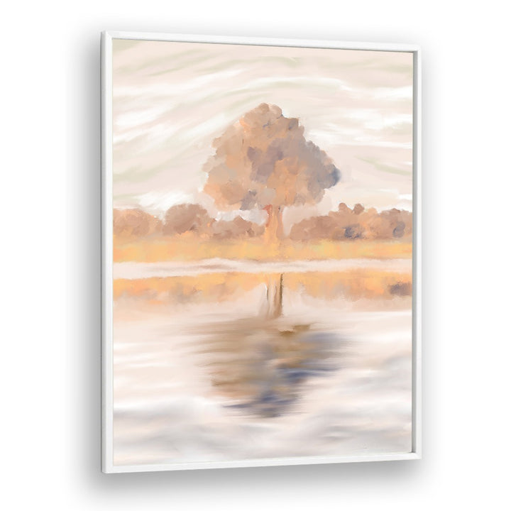 Serene landscape painting titled "SOVEREIGN REFLECTIONS, LANDSCAPE PAINTINGS," showcasing the Jackalberry Tree's beauty.