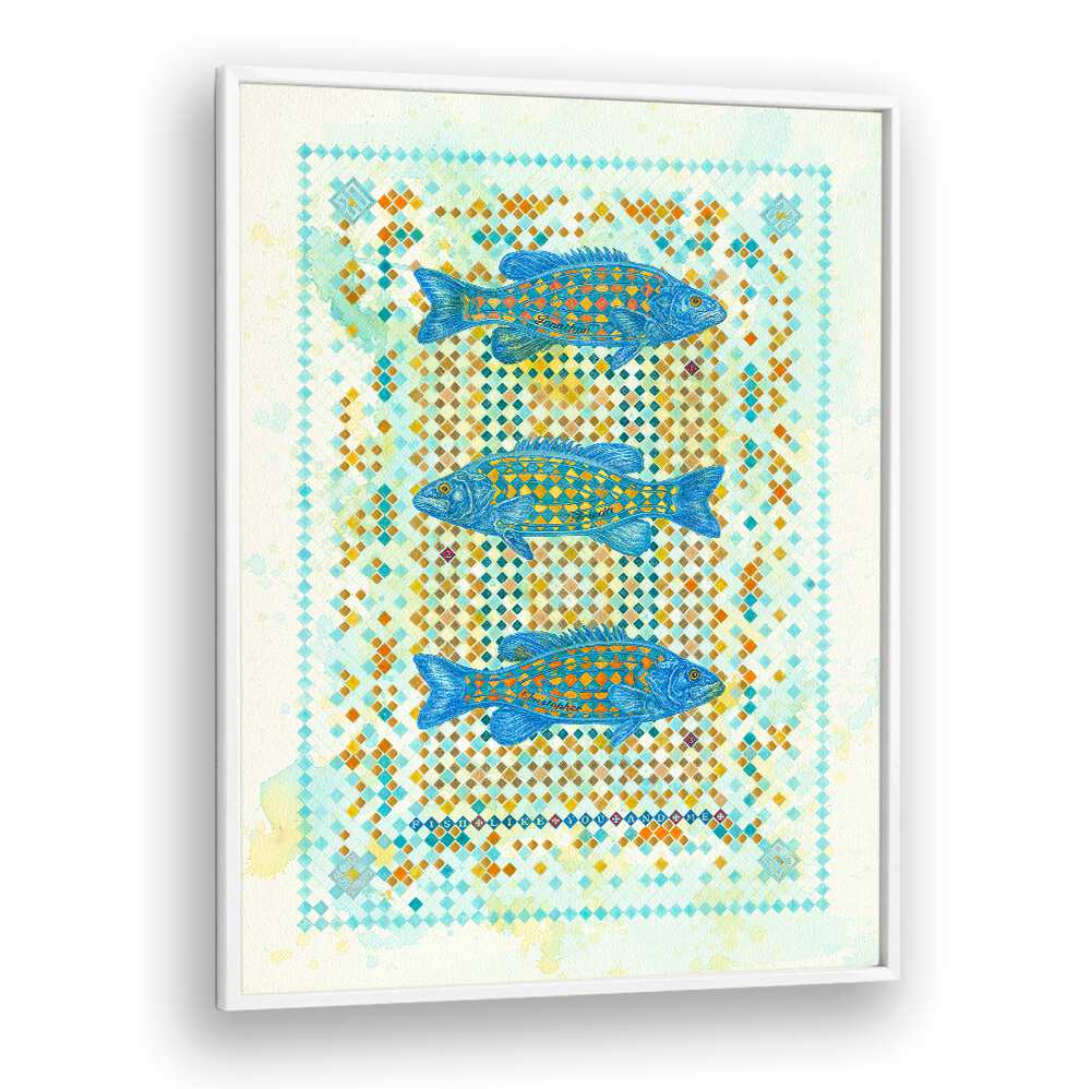 Vibrant blue fish swim against a mosaic backdrop in FISH LIKE YOU AND ME II, ANIMAL PAINTINGS for a striking decor piece.