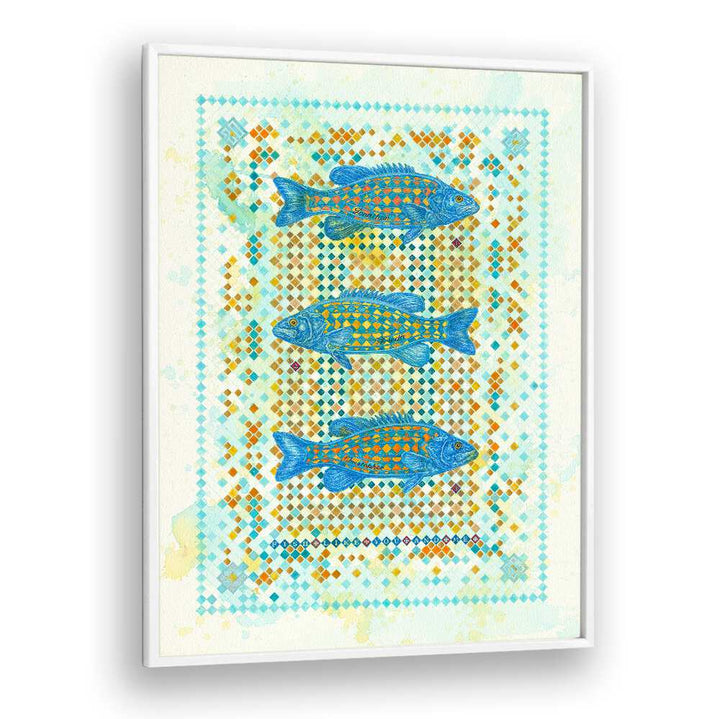 Vibrant blue fish swim against a mosaic backdrop in FISH LIKE YOU AND ME II, ANIMAL PAINTINGS for a striking decor piece.