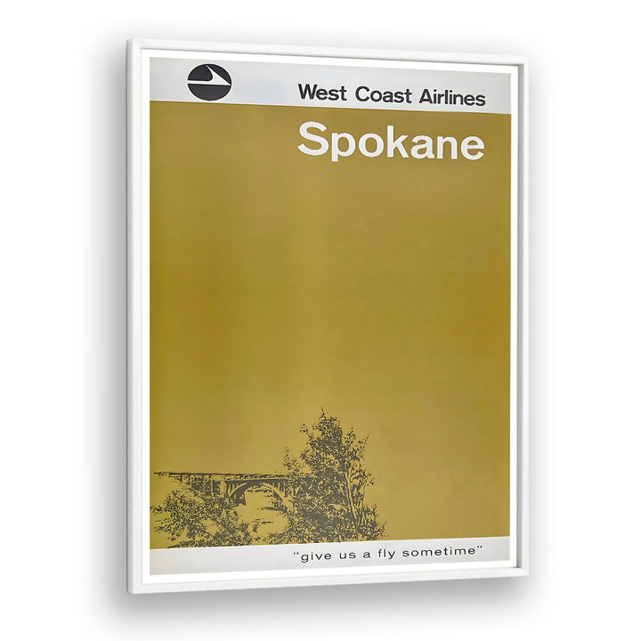 West Coast Airlines Vintage Travel Posters feature Spokane's iconic bridge, capturing aviation nostalgia and adventure.
