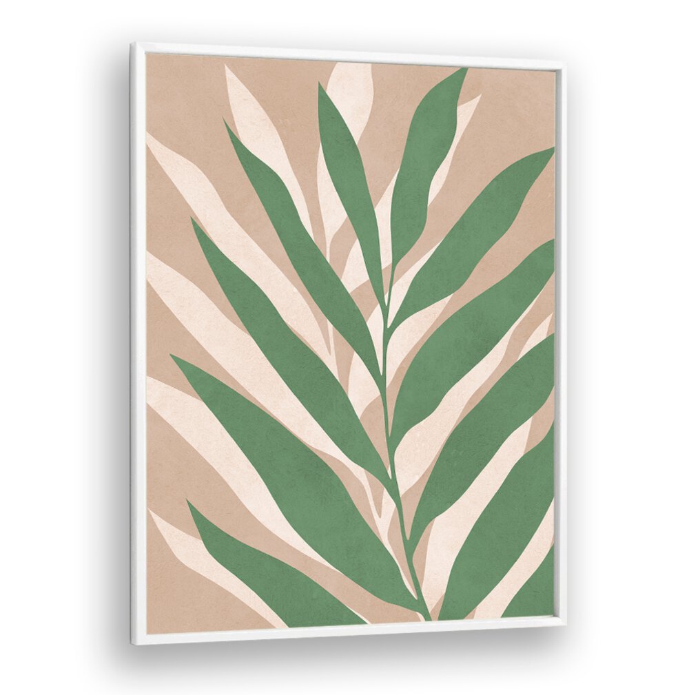 Vibrant green leaves on a soft beige background in TROPICAL I, BOHO ART PAINTINGS for a touch of paradise.