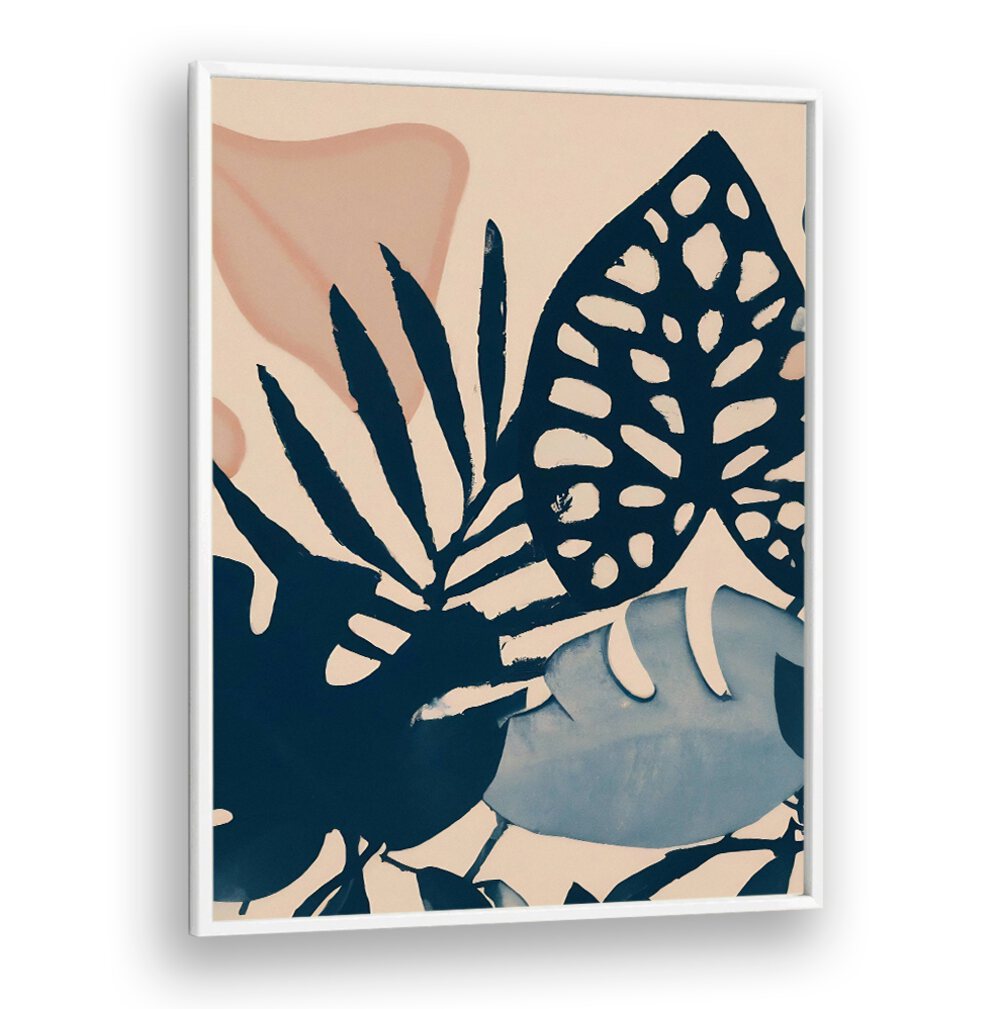POWDER PINK LEAVES , FLORAL FLOWER PAINTINGS with dark blue and soft pink leaves creating a modern botanical design.