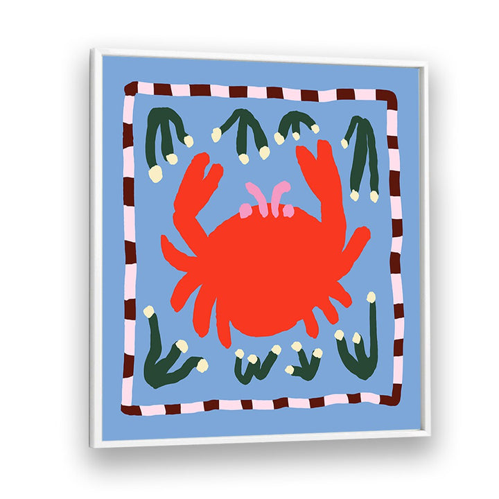 Bright red crab illustration on a blue background, perfect for enhancing your kitchen decor with CRAB, KITCHEN POSTERS.