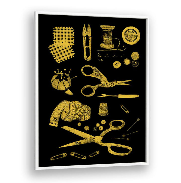 Stylish haberdashery tools in black and gold, perfect for fashion lovers. Explore HABERDASHERY BLACK AND GOLD, FASHION POSTERS.