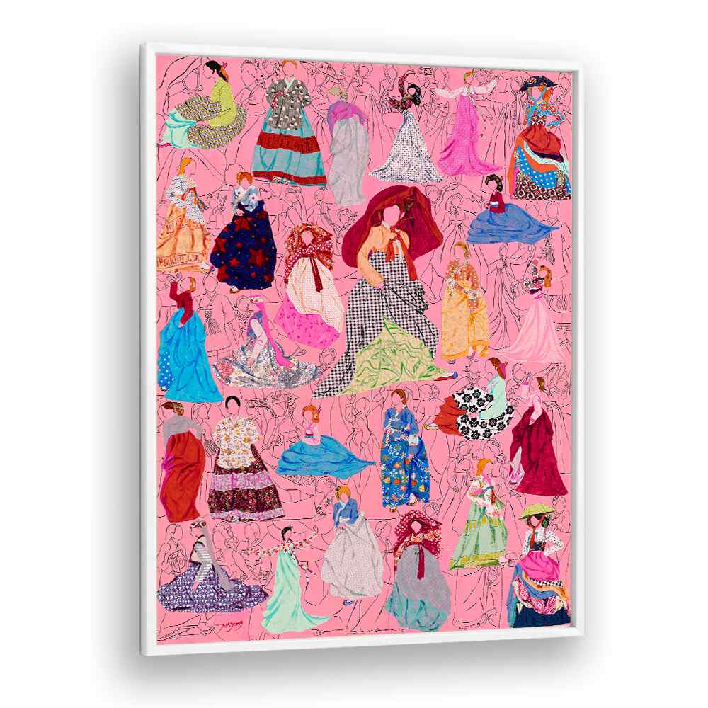 Colorful PICNIC, FASHION POSTERS featuring elegant dresses on a vibrant pink background, perfect for stylish decor.