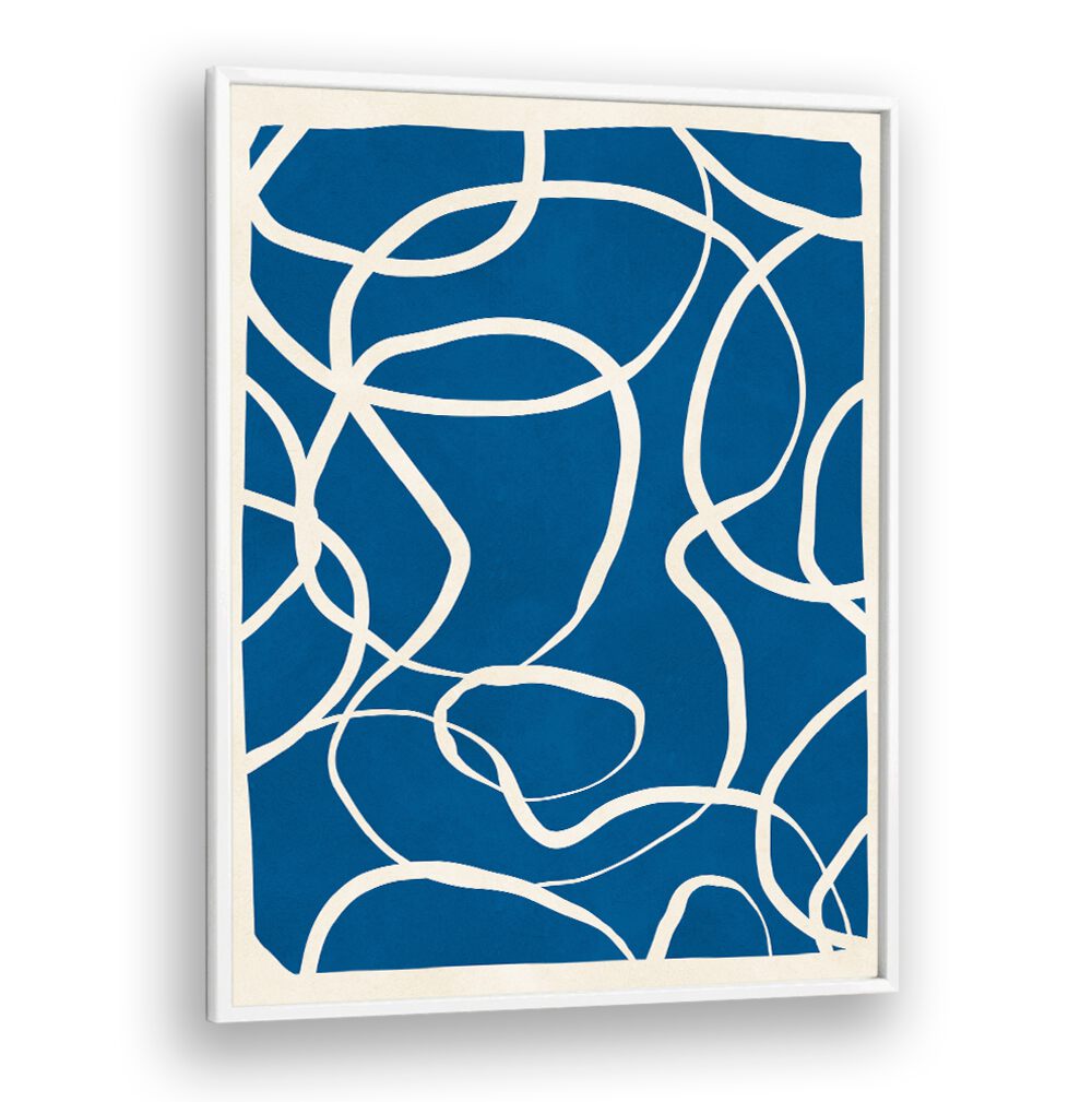 Bold blue background with intricate white lines in EXPRESSIVE LINES IX, ABSTRACT PAINTINGS, perfect for creative spaces.