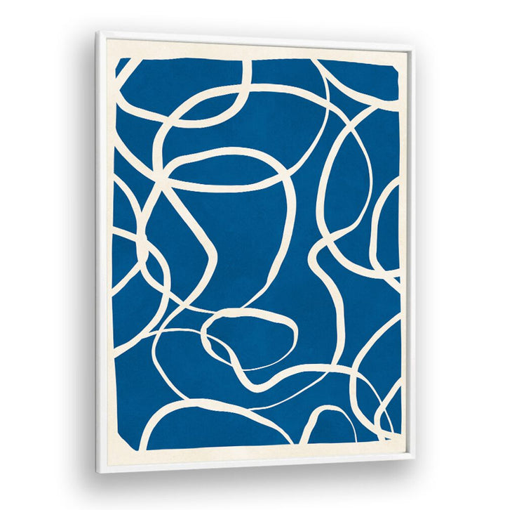 Bold blue background with intricate white lines in EXPRESSIVE LINES IX, ABSTRACT PAINTINGS, perfect for creative spaces.