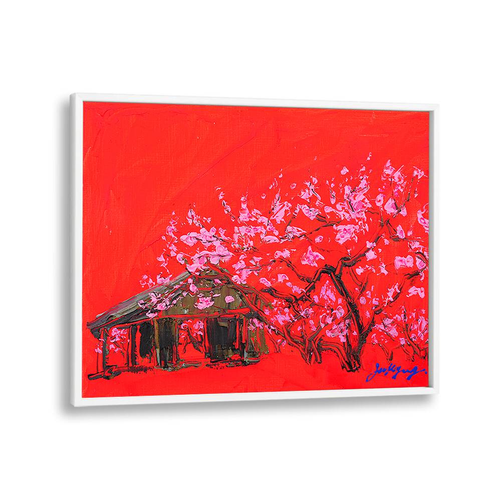 Vibrant PEACH BLOSSOM CANVAS, FLORAL FLOWER PAINTINGS showcasing pink blossoms against a striking red background.