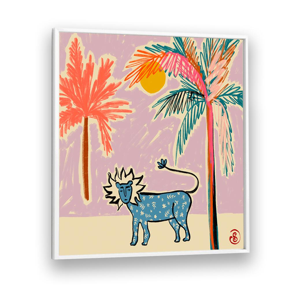 Colorful LEO III, ZODIAC poster featuring a lion and palm trees, perfect for astrology enthusiasts' decor.