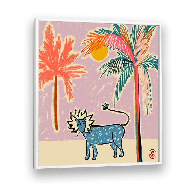 Colorful LEO III, ZODIAC poster featuring a lion and palm trees, perfect for astrology enthusiasts' decor.