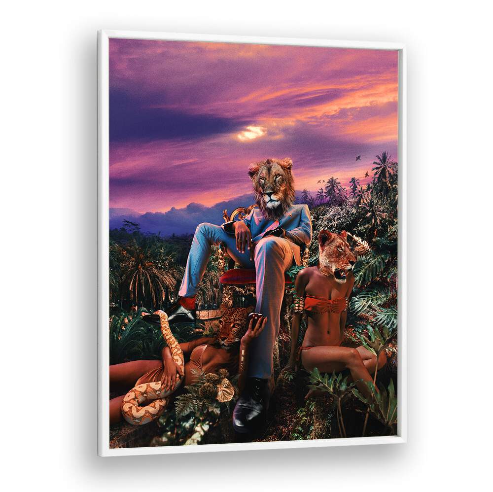 Whimsical ANIMAL MAFIA, ALTERED ART PRINTS featuring a lion and surreal elements, perfect for unique decor.