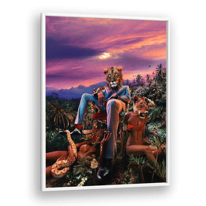 Whimsical ANIMAL MAFIA, ALTERED ART PRINTS featuring a lion and surreal elements, perfect for unique decor.