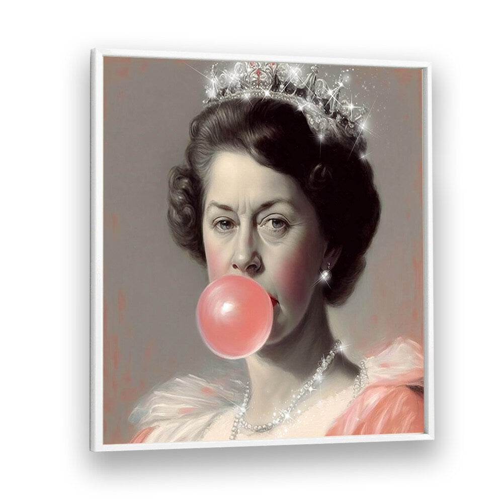 Glitter Queen, altered art prints featuring a regal figure with bubble gum, adding elegance to any space.