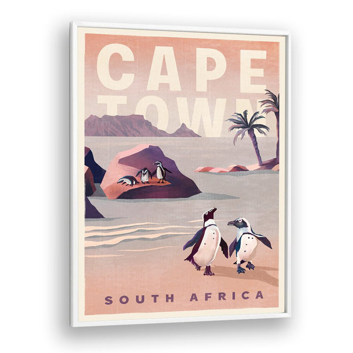 Vintage travel poster showcasing Cape Town South Africa, featuring penguins and stunning coastal scenery. Perfect for travel enthusiasts.