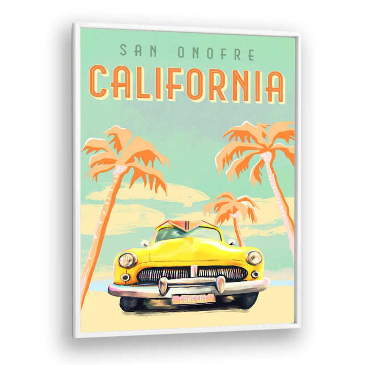 Bright California Surf Travel Poster featuring a vintage yellow car and palm trees, capturing ocean adventure vibes.