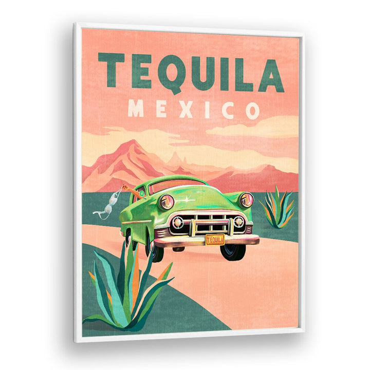 Vibrant TEQUILA MEXICO, TRAVEL POSTERS featuring a classic green car against a picturesque landscape, perfect for decor.