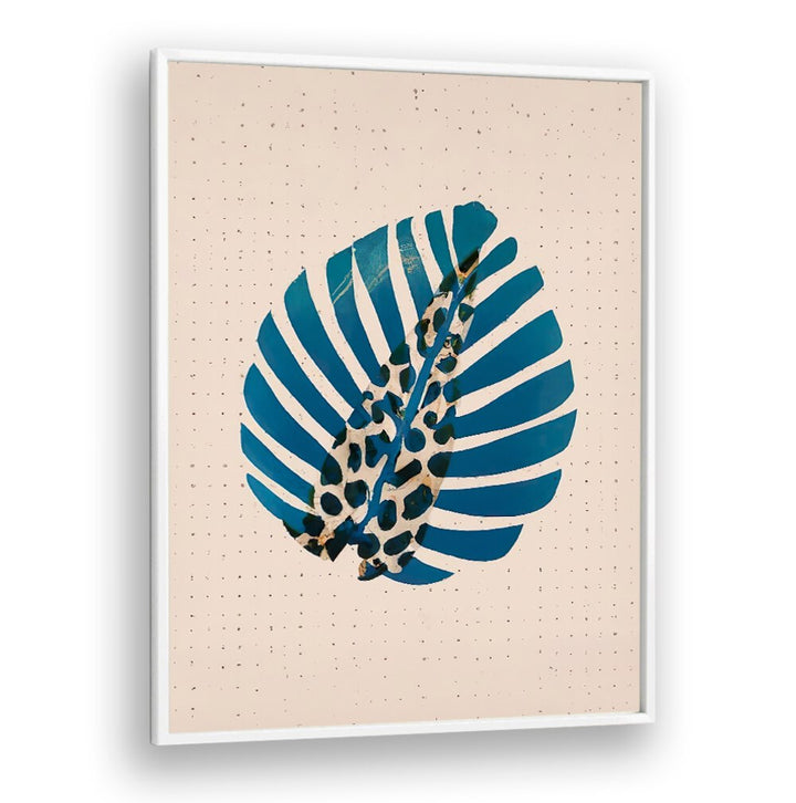 LEOPALM , FLORAL FLOWER PAINTINGS featuring a blue tropical leaf with leopard print accent on beige background.