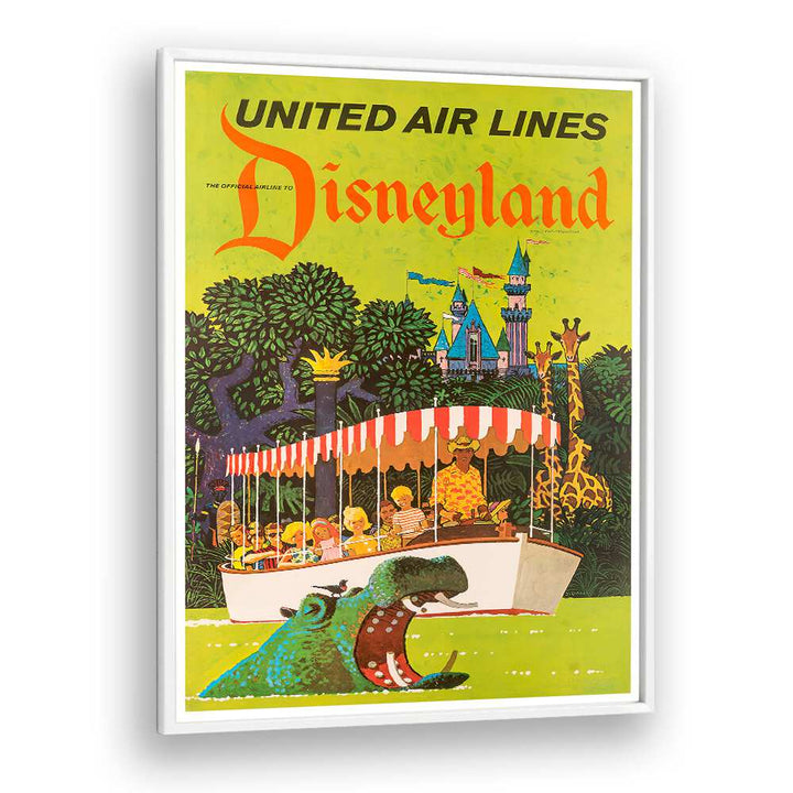 Colorful Disneyland vintage travel poster featuring a steamboat and whimsical characters, perfect for nostalgic decor.