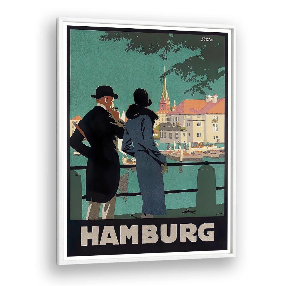 Stylish Hamburg I vintage travel poster featuring a couple admiring the city's vibrant scenery, perfect for decor.