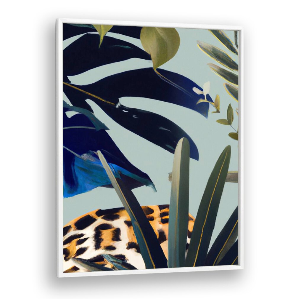 HIDDEN LEOPARD , FLORAL FLOWER PAINTINGS featuring a hidden leopard amidst lush blue and green tropical foliage.