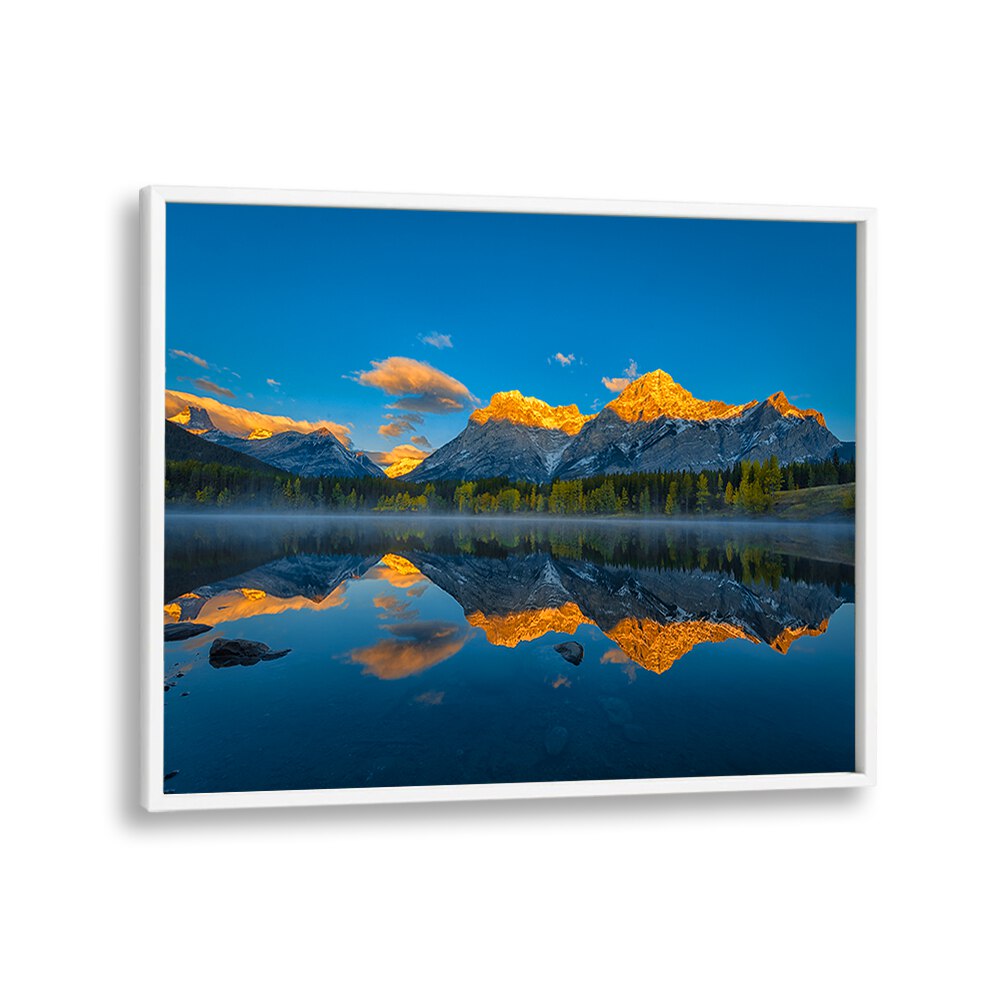 Stunning sunrise reflection in the lake, showcasing "A PERFECT MORNING IN CANADIAN ROCKIES, PHOTOGRAPHY PRINTS."