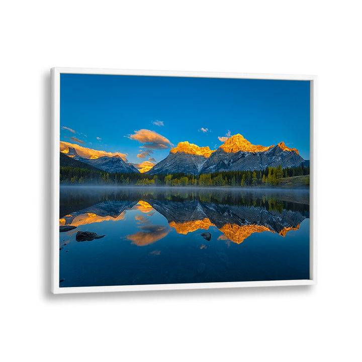 Stunning sunrise reflection in the lake, showcasing "A PERFECT MORNING IN CANADIAN ROCKIES, PHOTOGRAPHY PRINTS."