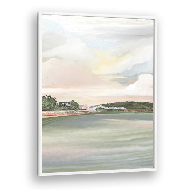 Captivating "She is Rising" landscape paintings showcasing serene water and soft skies, perfect for enhancing your space.